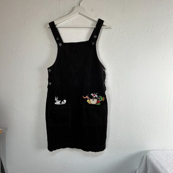 Vintage 90s Y2K Warner Brothers Looney Tunes Black Corduroy Mini Dress Small - Picture 1 of 10